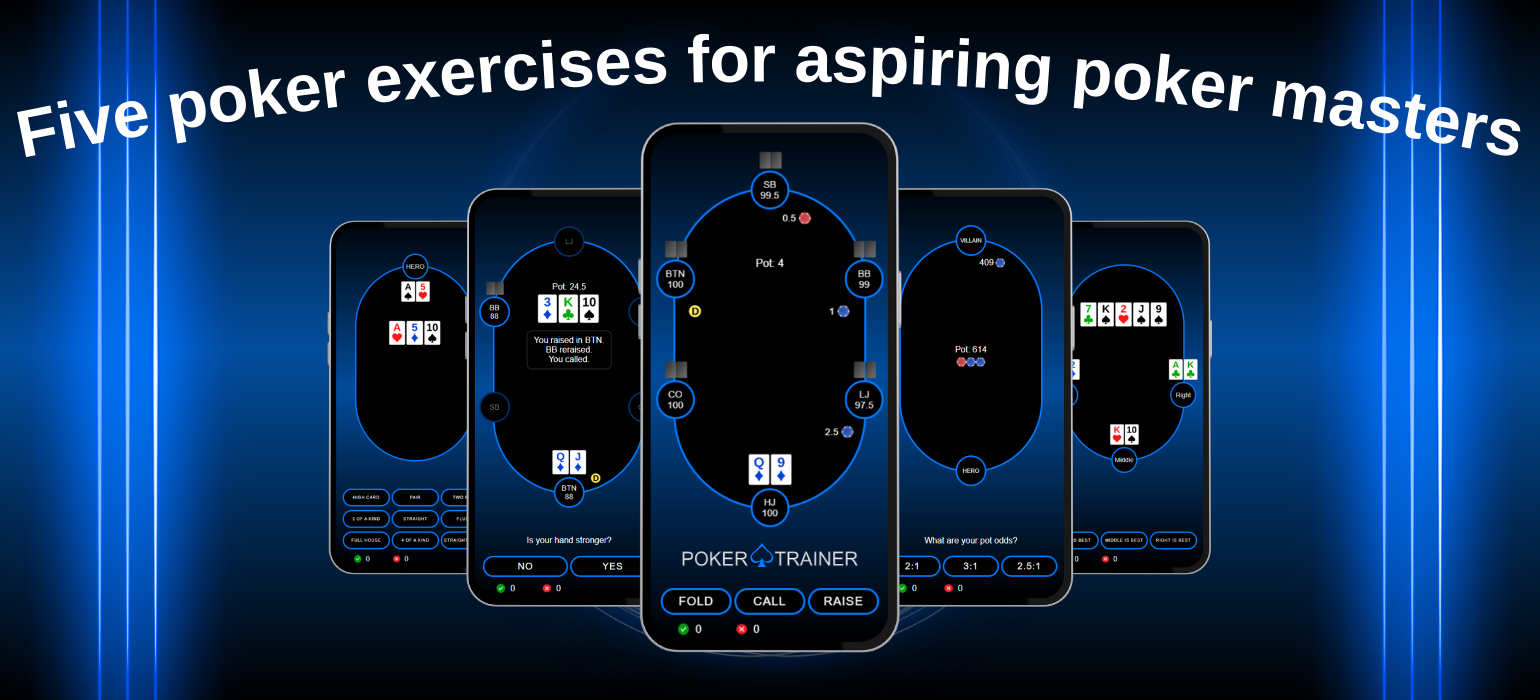 Five poker training exercises and quizzes for aspiring poker masters.