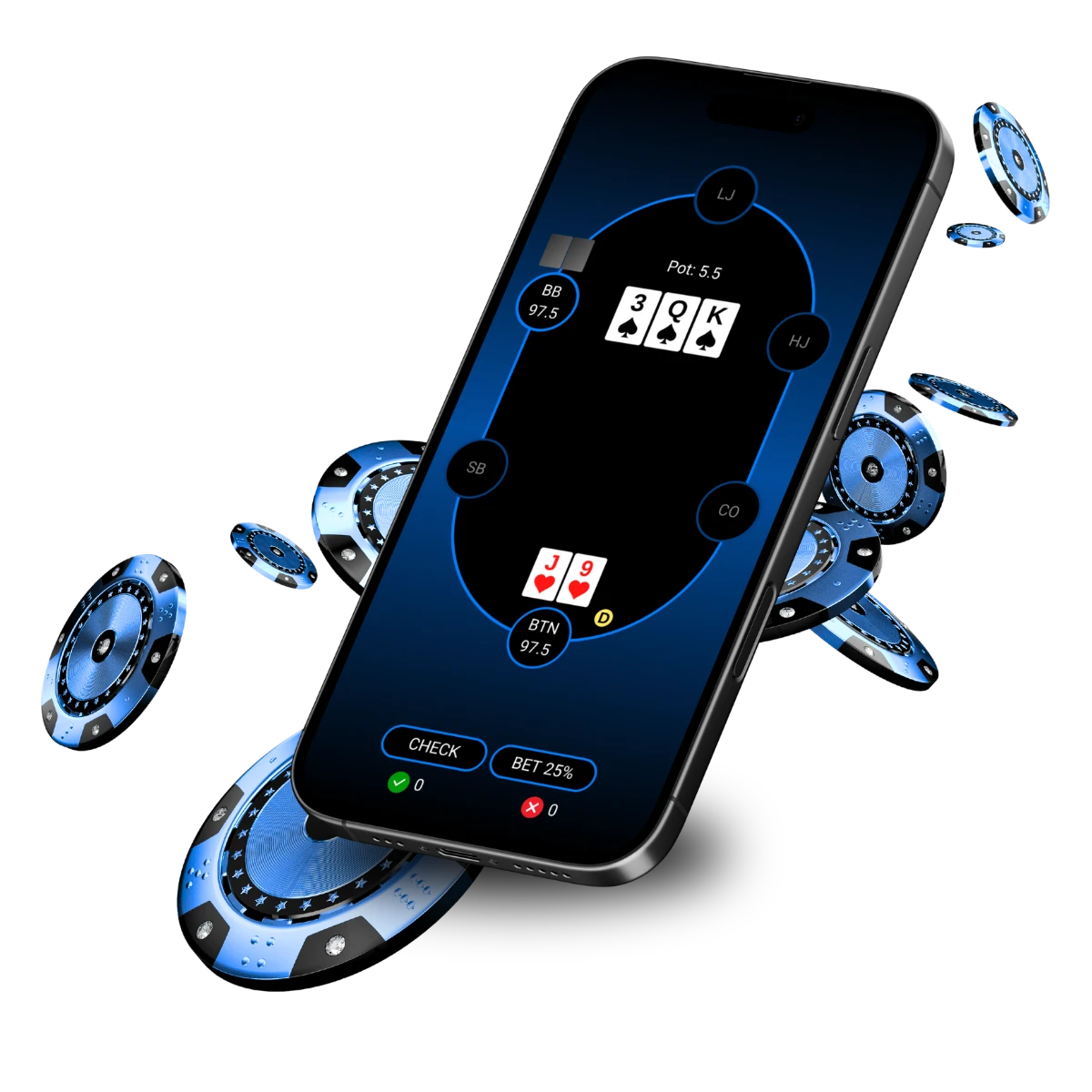 Poker Trainer app mockup on smartphone with flying poker chips, poker training simulator graphic.