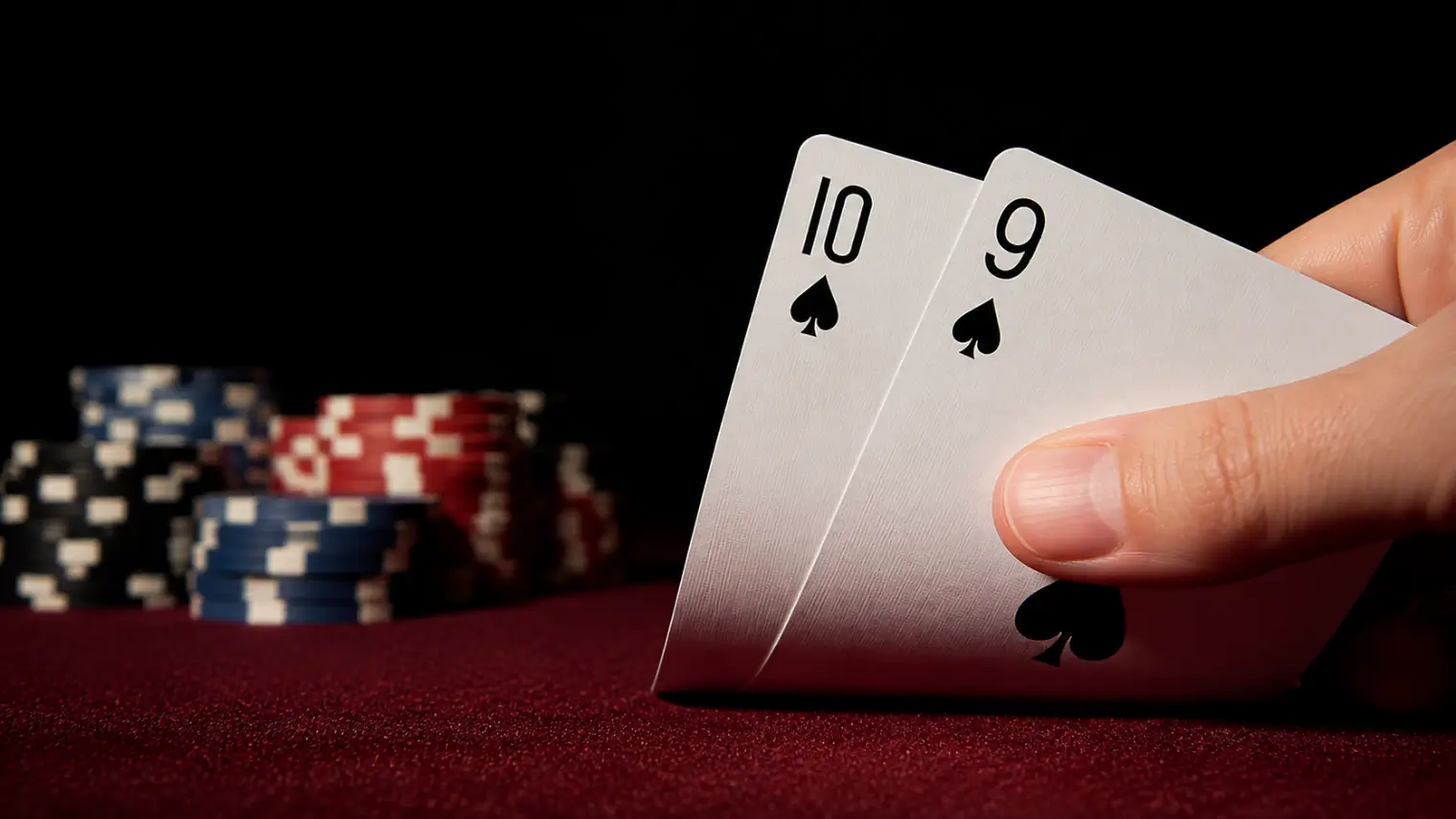 Poker player holding ten-nine suited in spades, illustrating a hand used in preflop calling ranges.