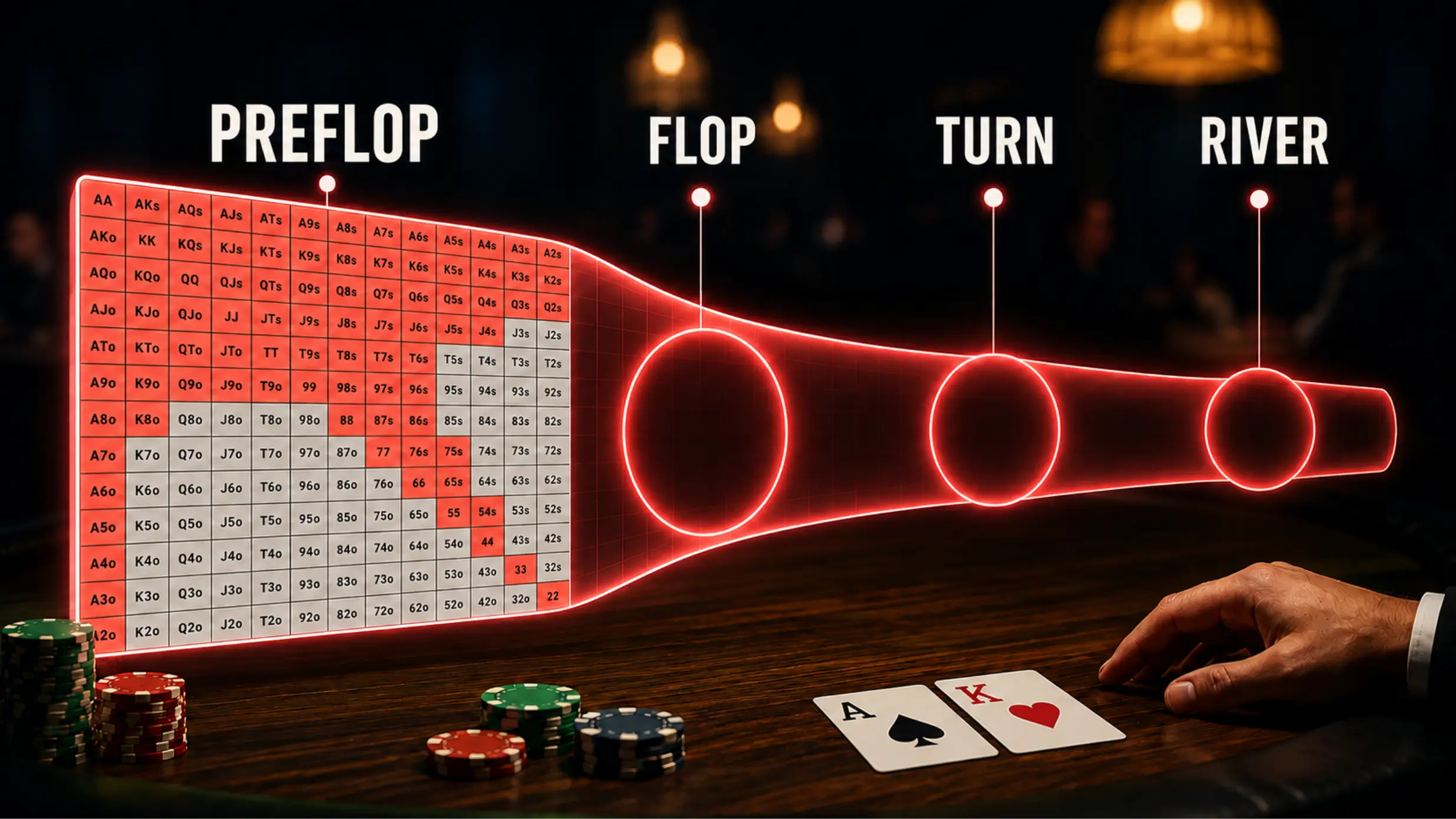 Poker hand reading process showing how a preflop range narrows through the flop, turn and river.