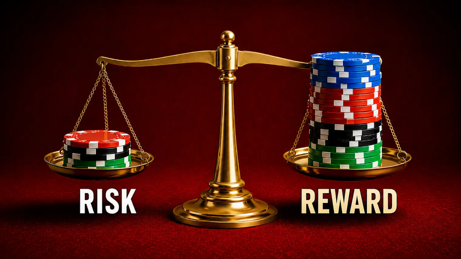 Poker odds illustrated as a balance between risk and reward using stacks of poker chips.