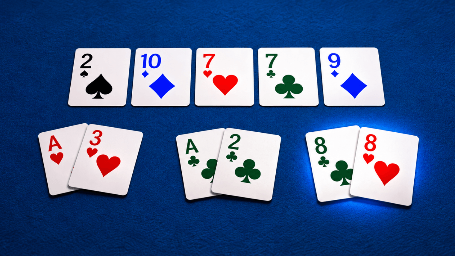 Poker showdown with three hands on a blue felt table, where pocket eights make the best hand.
