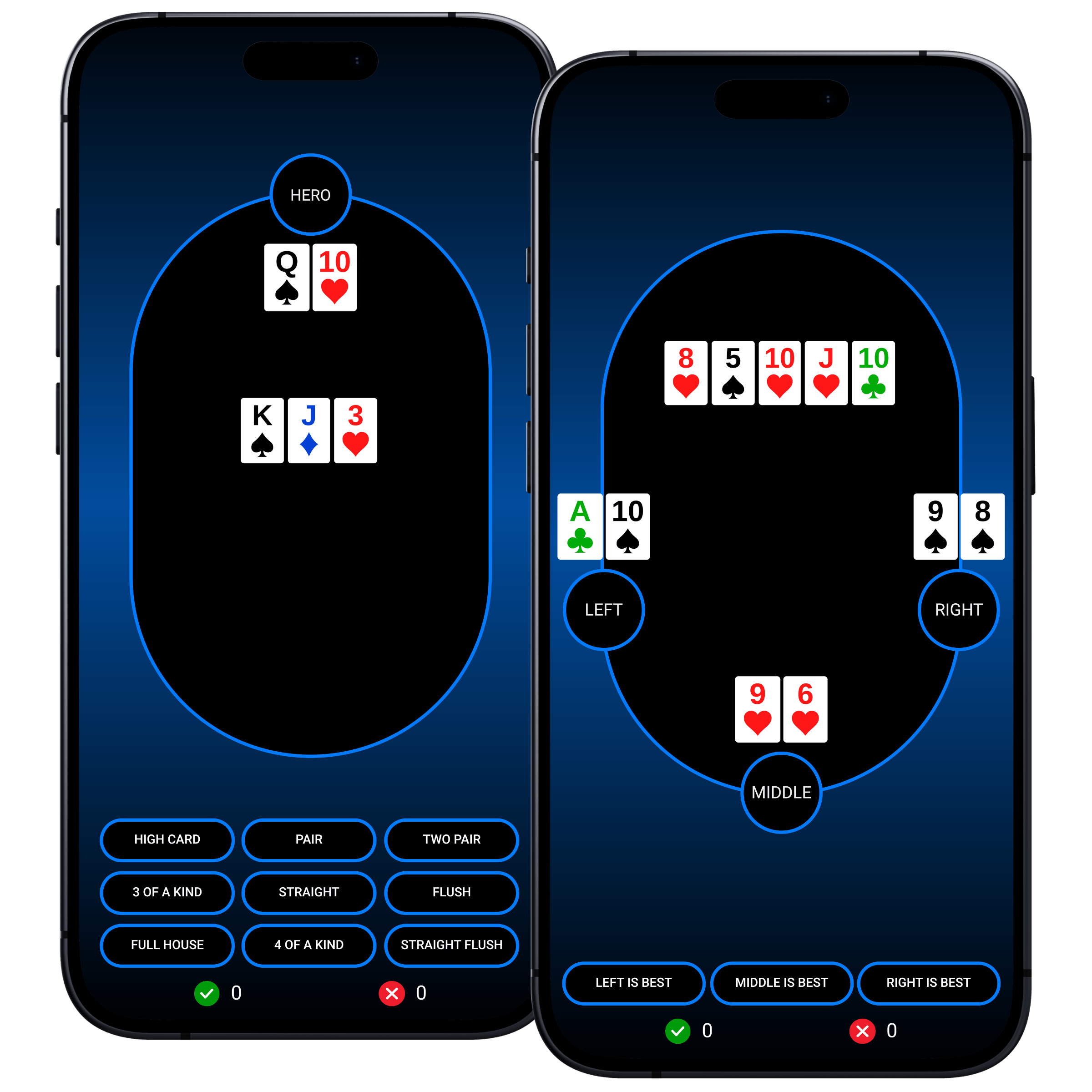 Poker Trainer app teaching poker hand rankings and best hand recognition.