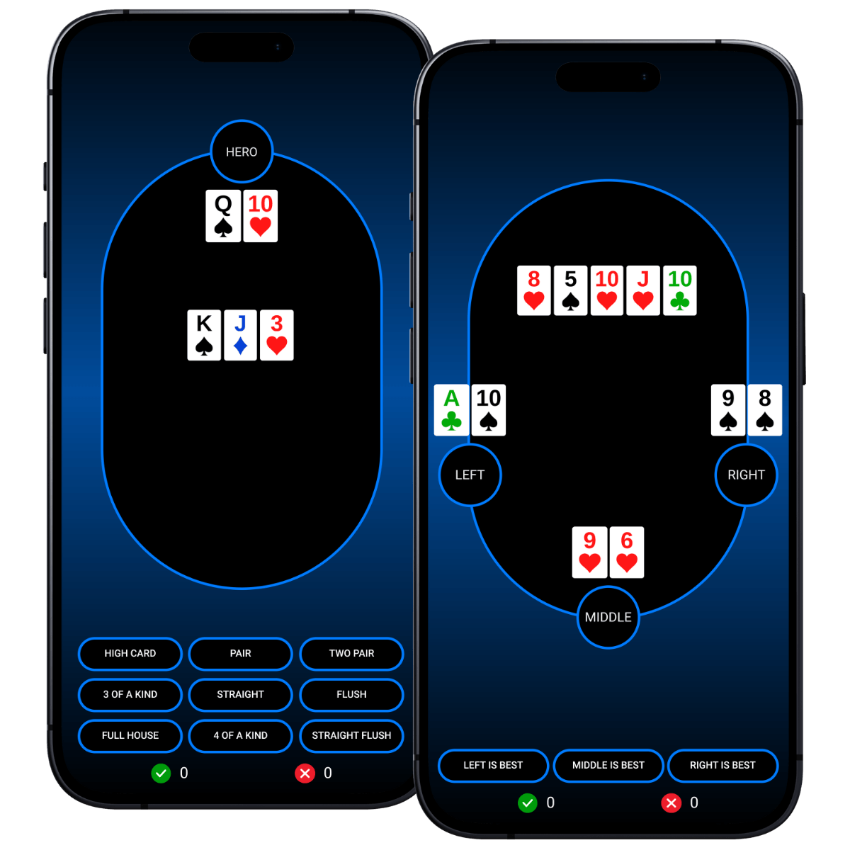 Poker Trainer app teaching poker hand rankings and best hand recognition.