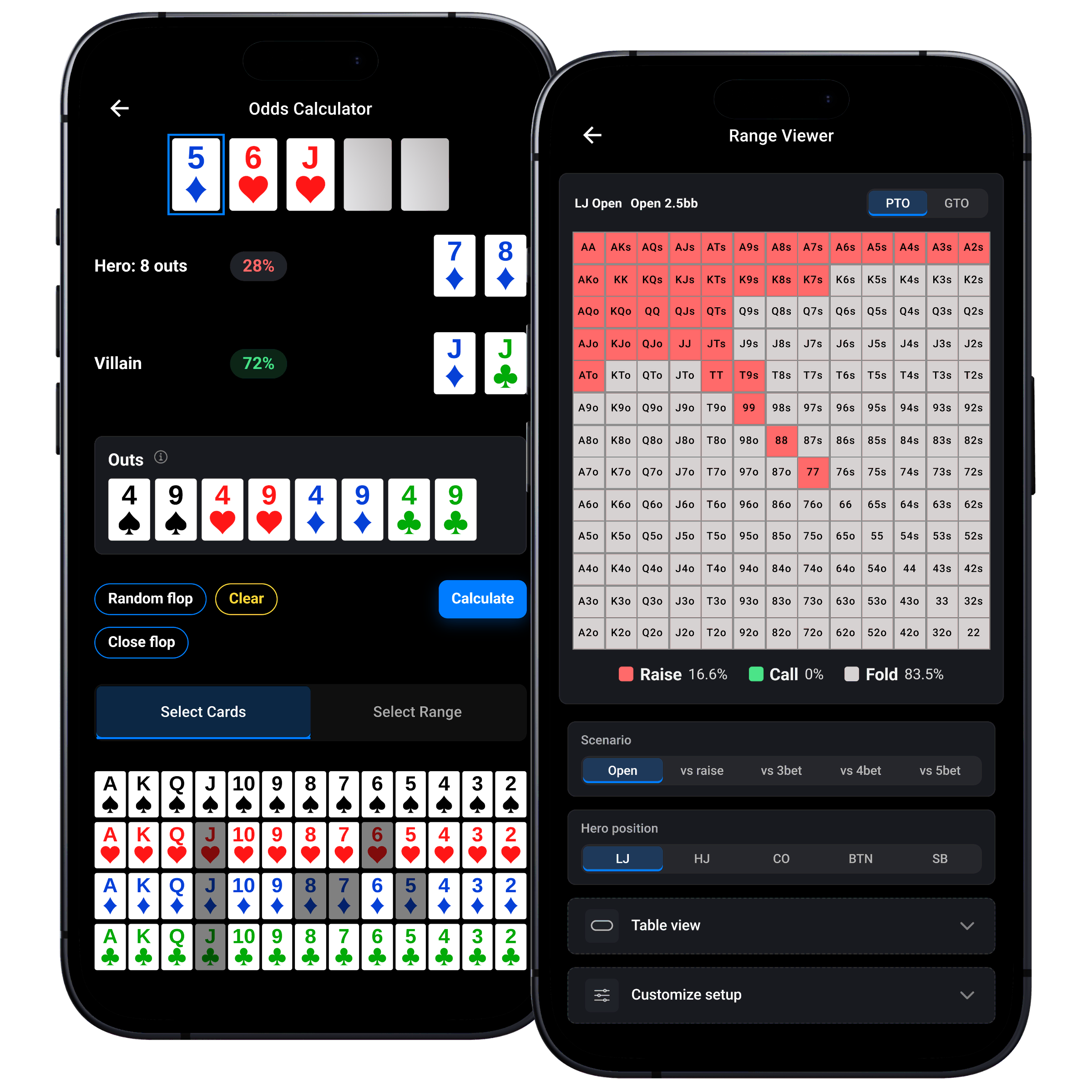 Poker Trainer app with odds calculator and preflop range viewer for mobile study.