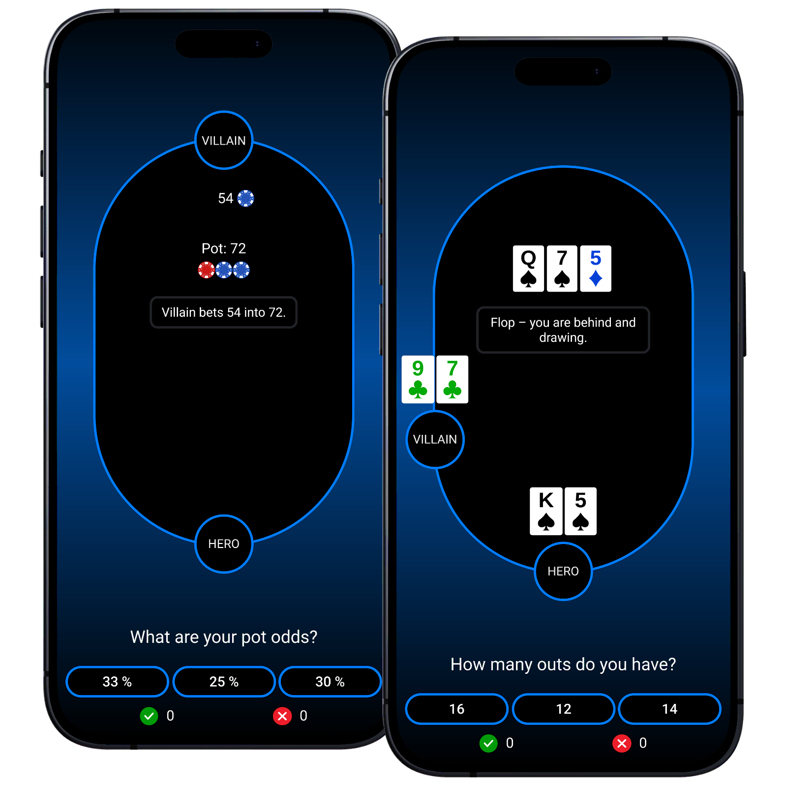 Poker Trainer app visualizing poker math, pot odds and outs calculations.