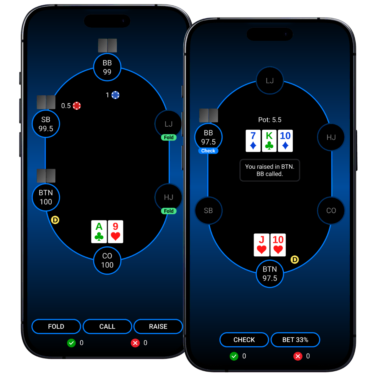 Poker Trainer app showing preflop and postflop poker simulator for training positions and ranges.