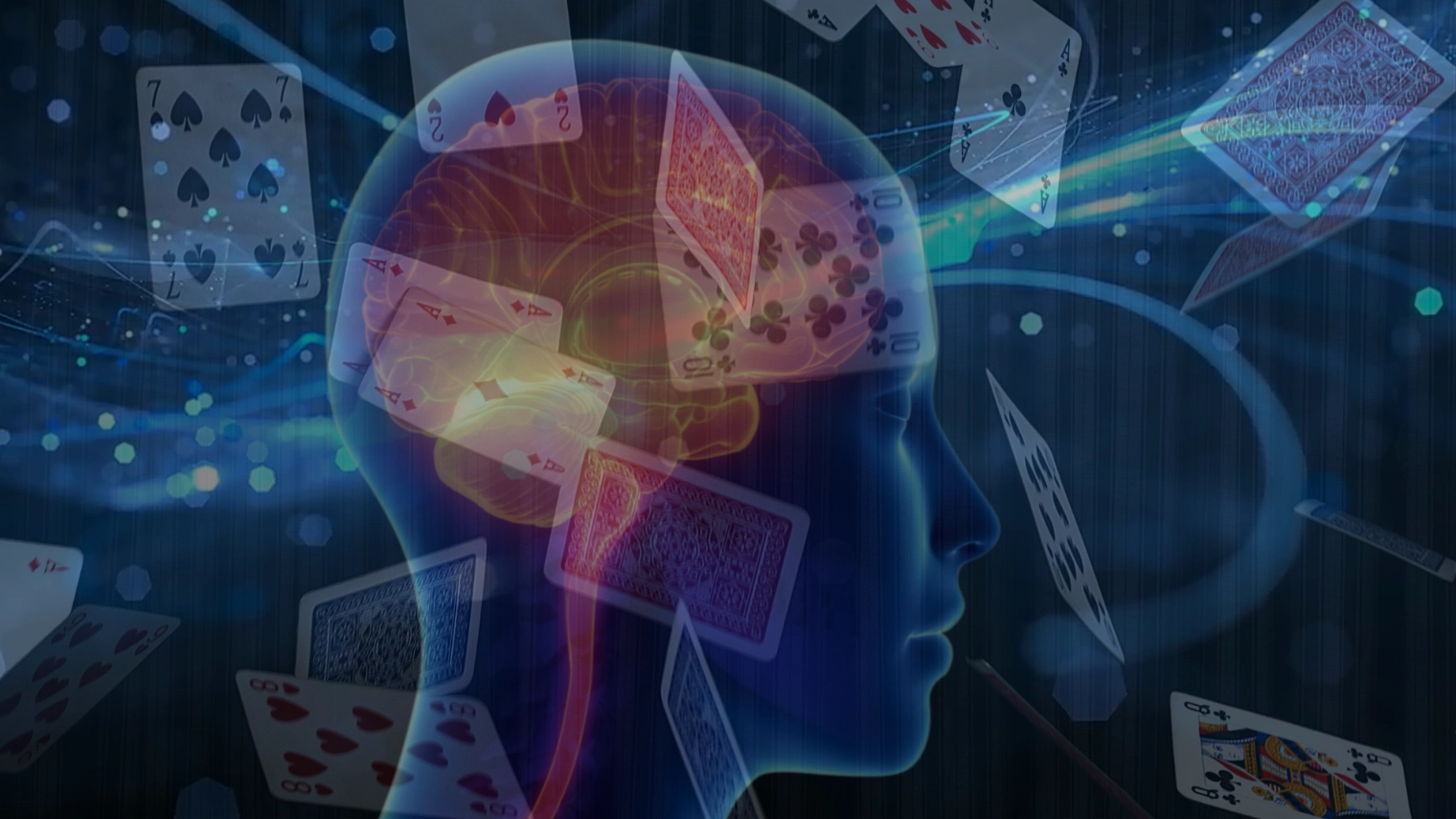 Poker mindset illustration showing a human head and brain surrounded by playing cards, symbolizing the mental side of poker.