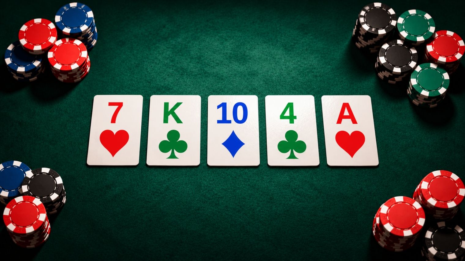 Poker river calls showing five community cards (7♥ K♣ 10♦ 4♣ A♥) surrounded by poker chips on a green poker table.
